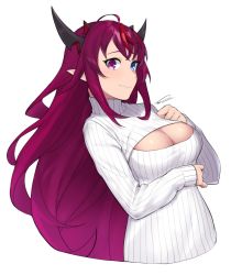 Rule 34 | 1girl, ahoge, asymmetrical bangs, blush, breasts, cleavage, cleavage cutout, clothing cutout, dasdokter, demon girl, demon horns, hair between eyes, highres, hololive, hololive english, horns, irys (hololive), large breasts, long hair, long sleeves, looking at viewer, multicolored hair, multiple horns, red hair, simple background, smile, solo, sweater, turtleneck, turtleneck sweater, upper body, very long hair, virtual youtuber, white background, white sweater