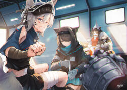 Rule 34 | 4girls, animal ears, arknights, ashlock (arknights), ashlock (elite ii) (arknights), bandaged fingers, bandaged leg, bandages, black hairband, black jacket, black shorts, blue eyes, blue skirt, brown eyes, brown hair, character request, clenched hand, closed eyes, closed mouth, crossed arms, day, fartooth (arknights), flametail (arknights), gloves, grey gloves, grey hair, hair over one eye, hairband, jacket, long sleeves, material growth, multiple girls, open mouth, oripathy lesion (arknights), peppsi (saba sabasuk0), pleated skirt, rhodes island medic (arknights), short shorts, shorts, signature, sitting, skirt, smile, sunlight, tail, visor (armor), wild mane (arknights), window