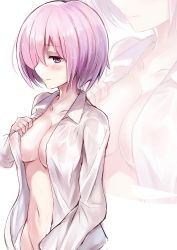 Rule 34 | 1girl, 3:, absurdres, blush, breasts, cleavage, closed mouth, collarbone, collared shirt, covered erect nipples, dress shirt, fate/grand order, fate (series), hair over one eye, hand up, highres, large breasts, long sleeves, looking to the side, mash kyrielight, nagiha kuten, naked shirt, navel, open clothes, open shirt, purple eyes, purple hair, see-through, shirt, short hair, solo, upper body, white shirt, zoom layer