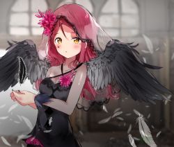 Rule 34 | 1girl, :o, absurdres, artist name, artist request, bare shoulders, black dress, black feathers, black nails, black veil, black wings, blush, breasts, brown eyes, collarbone, dress, feathers, female focus, guilty kiss (love live!), hair between eyes, highres, indoors, long hair, love live!, love live! school idol festival, love live! sunshine!!, nail polish, nails, parted lips, red hair, sakurauchi riko, small breasts, smile, solo, star tattoo, sunya (pixiv17390904), tattoo, veil, white feathers, window, wings, yellow eyes
