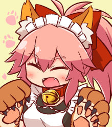 Rule 34 | 1girl, :d, ^ ^, animal ear fluff, animal ears, animal hands, apron, bell, black dress, blush, bow, breasts, closed eyes, collar, dress, facing viewer, fangs, fate/grand order, fate (series), fox ears, gloves, hair between eyes, hair bow, hands up, jingle bell, long hair, maid apron, maid headdress, medium breasts, naga u, neck bell, open mouth, paw gloves, pink hair, ponytail, red bow, red collar, smile, solo, tamamo (fate), tamamo cat (fate), tamamo cat (second ascension) (fate), white apron