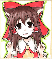 Rule 34 | 1girl, animal ears, arms up, bow, brown eyes, brown hair, cat ears, cat girl, detached sleeves, dress, female focus, hair bow, hakurei reimu, highres, japanese clothes, kemonomimi mode, looking at viewer, marker (medium), miko, mochizuki ado, red dress, shikishi, solo, tareme, touhou, traditional media