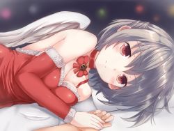Rule 34 | 1girl, bare shoulders, bed sheet, blush, breasts, closed mouth, collar, commentary request, dress, elbow gloves, feathered wings, fur trim, gloves, grey background, half updo, highres, holding hands, kishin sagume, kuro (baseball0000), looking at viewer, lying, medium breasts, medium hair, on side, pov, red collar, red dress, red eyes, red gloves, santa costume, shirt, silver hair, single wing, smile, solo focus, touhou, white shirt, wings