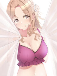 Rule 34 | 1girl, bare shoulders, blurry, blush, bra, breasts, brown eyes, brown hair, cleavage, collarbone, depth of field, dot nose, flower, hair bun, hair flower, hair ornament, hands up, highres, holding, ichikawa hinana, idolmaster, idolmaster shiny colors, large breasts, long hair, looking at viewer, midriff, navel, parted bangs, purple bra, simple background, single hair bun, single side bun, smile, solo, tongue, tongue out, torikun, transparent curtains, underwear, upper body, white background