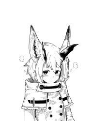 Rule 34 | animal ears, antlers, blush, buttons, capelet, closed mouth, greyscale, hair between eyes, horns, jacket, jaco, long sleeves, looking at viewer, monochrome, original, short hair, simple background, solo, white background