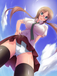 Rule 34 | 00s, 1girl, black thighhighs, blue theme, breasts, brown hair, cameltoe, cloud, covered erect nipples, day, evangelion: 2.0 you can (not) advance, from below, glasses, hand on own hip, highres, hip focus, impossible clothes, impossible shirt, large breasts, long hair, looking down, makinami mari illustrious, massan, necktie, neon genesis evangelion, panties, pantyshot, pussy juice, rebuild of evangelion, school uniform, shirt, sky, smile, solo, thighhighs, twintails, underwear, view between legs, white panties