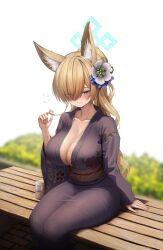 Rule 34 | 1girl, absurdres, animal ears, blonde hair, blue archive, blue halo, blurry, blurry background, blush, breasts, can, cleavage, commentary, floral print, flower, hair flower, hair ornament, halo, highres, japanese clothes, kanna (blue archive), kimono, large breasts, momoriko, print kimono, sitting, solo, symbol-only commentary, thighs, yukata