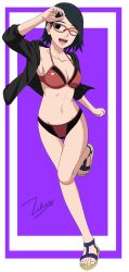 Rule 34 | 1girl, ;d, absurdres, arm up, bare legs, bikini, black eyes, black hair, black jacket, border, boruto: naruto next generations, breasts, cleavage, collarbone, full body, glasses, groin, halterneck, highres, hood, hood down, hooded jacket, jacket, looking at viewer, medium breasts, naruto (series), navel, one eye closed, open clothes, open jacket, open mouth, parted bangs, purple background, red-framed eyewear, red bikini, running, short hair, signature, smile, solo, swimsuit, thigh gap, uchiha sarada, white border, zero024