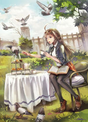 Rule 34 | 10s, 1girl, alternate costume, altoris (scee), artist name, bird, black pantyhose, blue eyes, blush, book, breasts, bridge, brown hair, building, chair, clock, clock tower, cloud, cup, day, double bun, food, grass, hair bun, hair ornament, hairband, headgear, highres, jacket, kantai collection, kongou (kancolle), long hair, md5 mismatch, neckerchief, necktie, nontraditional miko, open mouth, outdoors, pantyhose, pastry, personification, pigeon, plate, school uniform, shoes, sitting, skirt, sky, solo, table, tablecloth, teacup, teapot, tiered serving stand, tiered tray, tower, tree