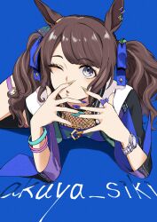 Rule 34 | 1girl, absurdres, akaya shiki, animal ears, bad id, bad twitter id, blue background, brown hair, fishnet top, fishnets, grey eyes, highres, horse ears, jacket, jewelry, long hair, looking at viewer, lying, multicolored nails, necklace, on stomach, one eye closed, parted lips, ring, simple background, single thighhigh, solo, thighhighs, tosen jordan (umamusume), twintails, umamusume, watch, wristband, wristwatch