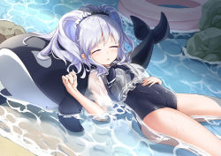 Rule 34 | 1girl, absurdres, breasts, chiya 1589505970, closed eyes, covered navel, day, female focus, hand on own stomach, hand up, highres, in water, long hair, lying, on back, outdoors, parted lips, school swimsuit, sigsbee (warship girls r), silver hair, sleeping, small breasts, smile, solo, swimsuit, thighs, warship girls r, water, wet, wet clothes, wet swimsuit
