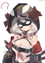 Rule 34 | 1girl, ?, animal collar, animal hood, bare shoulders, black collar, black hair, black jacket, braid, braided bangs, camisole, chest belt, collar, eye mask, frilled camisole, frills, hair ornament, hairclip, head tilt, highres, hololive, hood, jacket, kanikichi, looking at viewer, medium hair, multicolored hair, off shoulder, open clothes, open jacket, orca hood, parted lips, sakamata chloe, silver hair, solo, streaked hair, virtual youtuber, white camisole, x hair ornament