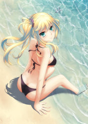 Rule 34 | 1girl, ahsiu, arm support, ass, back, bad anatomy, bad id, bad pixiv id, barefoot, beach, bikini, black bikini, blonde hair, breasts, butt crack, green eyes, highres, looking back, medium breasts, original, outdoors, parted lips, revision, scrunchie, seashell, shell, side ponytail, sitting, smile, soaking feet, solo, sparkle, starfish, swimsuit, water, wet