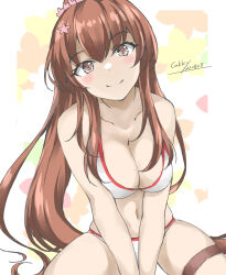 Rule 34 | 1girl, bikini, breasts, brown eyes, brown hair, cherry blossoms, cleavage, commentary request, flower, gakky, hair flower, hair ornament, highres, kantai collection, large breasts, long hair, looking at viewer, official alternate costume, one-hour drawing challenge, ponytail, sitting, smile, solo, swimsuit, wariza, white bikini, yamato (kancolle)