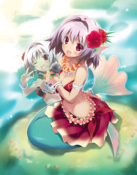 Rule 34 | 1girl, bare shoulders, bracelet, breasts, cardfight!! vanguard, cleavage, company name, dark skin, fins, flower, hair flower, hair ornament, head fins, highres, jewelry, leaf, medium breasts, mermaid, microphone, mirror diva biscayne, monster girl, necklace, official art, one eye closed, open mouth, purple hair, red eyes, revision, sakana (flame sakana)