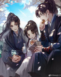 Rule 34 | 3boys, :o, artist name, bag, bishounen, black hair, black robe, black sash, blue eyes, blue sky, blush, bottle, brown eyes, child, chinese clothes, chinese commentary, chu wanning, cloud, commentary request, day, eating, erha he tadebai mao shizun, floating hair, food, food in mouth, food request, hand up, hanfu, high ponytail, highres, holding, holding bottle, holding food, light particles, long hair, long sleeves, looking at another, male focus, mo ran, multiple boys, napkin, open mouth, outdoors, paper bag, parted bangs, petals, ponytail, purple eyes, robe, sash, sheng3 3, sidelocks, sitting, sky, smile, teeth, tree, upper teeth only, vambraces, weibo logo, weibo watermark, white robe, xia sini, xue meng