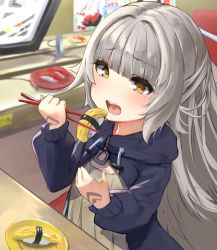 Rule 34 | 1girl, azur lane, black jacket, blurry, blurry background, blush, brown dress, brown eyes, chopsticks, commentary request, conveyor belt sushi, depth of field, drawstring, dress, food, grey hair, hands up, highres, holding, holding chopsticks, indoors, isobe eiji, jacket, long hair, long sleeves, looking away, mole, mole under eye, open clothes, open jacket, open mouth, plate, puffy long sleeves, puffy sleeves, sidelocks, solo, sushi, teeth, upper body, upper teeth only, very long hair, z46 (azur lane)