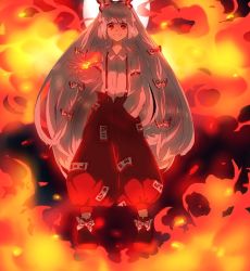 Rule 34 | 1girl, ai mizu, bad id, bad pixiv id, bow, emi, emi (emi43), female focus, fire, fujiwara no mokou, hair bow, hair ribbon, hand in pocket, long hair, moon, multiple hair bows, outstretched arm, outstretched hand, pants, red eyes, ribbon, shoes, silver hair, solo, suspenders, touhou, white devil