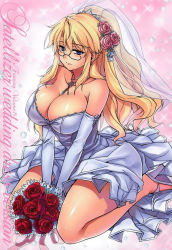 Rule 34 | 1girl, bare shoulders, blonde hair, blue eyes, blush, bouquet, breasts, bridal veil, cleavage, dress, earrings, elbow gloves, flower, freezing (series), glasses, gloves, hair flower, hair ornament, high heels, highres, huge breasts, jewelry, kim kwang hyun, kneeling, large breasts, legs, light smile, long hair, necklace, official art, rose, satellizer el bridget, scan, shoes, sitting, solo, sparkle, strapless, strapless dress, thighs, veil, wariza, wedding dress