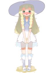 Rule 34 | 1girl, artist request, blonde hair, blush, braid, collarbone, creatures (company), dress, embarrassed, full body, game freak, green eyes, hat, have to pee, highres, kneehighs, lillie (pokemon), long hair, looking at viewer, nintendo, open mouth, own hands together, peeing, peeing self, pokemon, pokemon sm, puddle, shoes, simple background, sleeveless, sleeveless dress, socks, solo, sun hat, tears, trembling, twin braids, wet, wet clothes, white background, white dress, white footwear, white hat, white socks