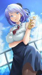 Rule 34 | 1girl, :p, absurdres, blue eyes, breasts, dagashi kashi, food, hand on own chest, highres, holding, holding food, looking at viewer, medium breasts, purple hair, shidare hotaru, solo, tokufumi, tongue, tongue out