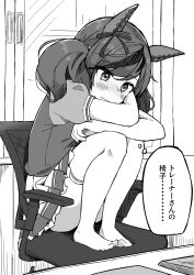 Rule 34 | 1girl, absurdres, animal ears, blush, chain, chipushishi, commentary request, desk, feet on chair, frilled skirt, frills, full body, greyscale, hair ribbon, highres, horse ears, knees to chest, monochrome, nice nature (umamusume), pleated skirt, puffy short sleeves, puffy sleeves, ribbon, short sleeves, short twintails, sitting, skirt, solo, thighhighs, thought bubble, translation request, twintails, umamusume