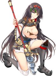 Rule 34 | 1girl, artist request, black hair, blue eyes, breasts, cleavage, covering privates, covering breasts, full body, hairband, holding, holding polearm, holding spear, holding weapon, kneeling, large breasts, long hair, looking at viewer, official art, on one knee, one eye closed, oshiro project:re, oshiro project:re, polearm, red hairband, solo, spear, takasaki (oshiro project), torn clothes, transparent background, weapon