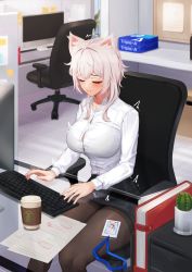 Rule 34 | 1girl, absurdres, animal ears, black pantyhose, black skirt, book, breasts, cat ears, cat girl, chair, closed eyes, cup, daydream (zhdkffk21), disposable cup, dress shirt, highres, huge filesize, id card, indoors, keyboard (computer), large breasts, long sleeves, miniskirt, monitor, office, office chair, office lady, original, pantyhose, pencil skirt, shirt, short hair, short hair with long locks, sidelocks, sitting, skirt, solo, swivel chair, table, white hair, white shirt