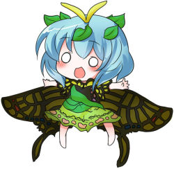 Rule 34 | 1girl, :d, antennae, bare arms, blue hair, blush, butterfly wings, buuwa, dress, eternity larva, eyebrows, fairy, full body, green dress, hair between eyes, hair ornament, insect wings, leaf, leaf hair ornament, legs apart, o o, open mouth, outstretched arms, short hair, short sleeves, simple background, smile, solo, touhou, white background, wings