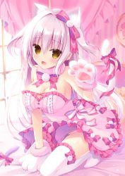Rule 34 | 1girl, :d, animal ear fluff, animal ears, animal hands, bare shoulders, between legs, bow, breasts, brown eyes, cat ears, cat girl, cat tail, cat teaser, cleavage, commentary request, day, dress, fang, frilled dress, frilled pillow, frilled thighhighs, frills, fur-trimmed gloves, fur trim, gloves, grey hair, groin, hair between eyes, hand between legs, hasune, highres, indoors, kneeling, large breasts, long hair, looking at viewer, no shoes, open mouth, original, paw gloves, pillow, pink dress, red bow, smile, solo, strapless, strapless dress, striped, sunlight, tail, tail bow, tail ornament, tail raised, thighhighs, two side up, vertical stripes, very long hair, white gloves, white thighhighs, window