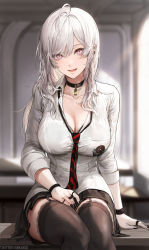 Rule 34 | 1girl, ahoge, black choker, black nails, blurry, blurry background, breasts, brown thighhighs, choker, cleavage, collared shirt, duplicate, fang, highres, indoors, jewelry, kim eb, lace, lace-trimmed legwear, lace trim, large breasts, long hair, long sleeves, looking at viewer, miniskirt, multiple rings, nail polish, necktie, open mouth, original, pink eyes, pixel-perfect duplicate, ring, shirt, sitting, skirt, smile, solo, striped necktie, thighhighs, trey ollis loffewa (kim eb), white hair, white shirt