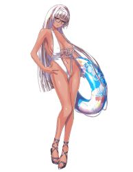 Rule 34 | 1girl, breasts, cleavage, contrapposto, covered erect nipples, dark-skinned female, dark skin, female focus, front-tie top, full body, glasses, hand on own hip, highres, hime cut, innertube, large breasts, long hair, navel, nenchi, nipples, purple eyes, simple background, skindentation, slingshot swimsuit, solo, standing, swim ring, swimsuit, very long hair, white hair