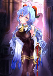 Rule 34 | 1girl, absurdres, ahoge, alley, artist name, bare shoulders, bell, bent over, black legwear, blue gloves, blue hair, blush, bodystocking, bodysuit, breasts, brick wall, building, chinese knot, city, come hither, covered navel, dark, detached sleeves, flower knot, ganyu (genshin impact), genshin impact, gloves, gold trim, highres, horns, industrial pipe, large breasts, leaning forward, leotard, leotard under clothes, light smile, long hair, looking at viewer, meowx25, naughty face, neck bell, outdoors, pelvic curtain, purple eyes, seductive smile, sidelocks, smile, solo, standing, tassel, thighlet, trash can, undressing, upper body, vision (genshin impact), waist cape, wall, white sleeves