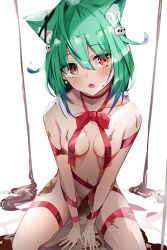 Rule 34 | 1girl, absurdres, animal ear fluff, animal ears, bad id, bad pixiv id, blue hair, blush, bow, breasts, cat ears, cat girl, chocolate, chocolate on body, chocolate on breasts, collarbone, commentary request, earrings, food on body, ghost earrings, gradient hair, green hair, hair between eyes, hair ornament, highres, hololive, jewelry, looking at viewer, multicolored hair, naked ribbon, nanashinayuzu mochi, navel, nude, open mouth, red bow, red eyes, red ribbon, revision, ribbon, seiza, short hair, simple background, sitting, skull hair ornament, small breasts, solo, two-tone hair, uruha rushia, virtual youtuber, white background