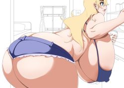 Rule 34 | 1girl, ass, blonde hair, blue eyes, breasts, butt crack, curvy, covered erect nipples, female focus, from side, gigantic breasts, hanging breasts, huge ass, indoors, jessie (matsumoto katsuya), leaning forward, long hair, matsumoto katsuya, open mouth, original, partially colored, smile, solo