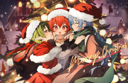 Rule 34 | 3girls, absurdres, aged down, blue hair, blurry, braid, brown cloak, christmas tree, cloak, closed mouth, depth of field, drooling, eris greyrat, flat chest, gingerbread man, green hair, green scarf, hair between eyes, hat, highres, humany, long bangs, long hair, looking at another, merry christmas, multiple girls, mushoku tensei, open mouth, pointy ears, red eyes, red hair, roxy migurdia, santa costume, santa hat, scarf, smile, snowing, sparkling eyes, sylphiette (mushoku tensei), twin braids