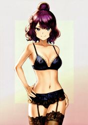 Rule 34 | 1girl, absurdres, bare arms, bare shoulders, black panties, blue bra, blue eyes, bra, breasts, cleavage, closed mouth, collarbone, fate/grand order, fate (series), garter straps, gradient background, hair bun, hair ornament, hand on own hip, highres, hip focus, katsushika hokusai (fate), lace, lace-trimmed bra, lace trim, leaf print, looking at viewer, mashuu (neko no oyashiro), medium breasts, navel, panties, purple hair, scan, short hair, single hair bun, smile, solo, stomach, thighs, underwear, underwear only, wavy hair
