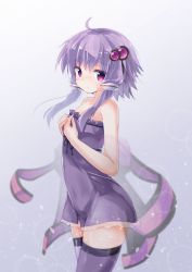 Rule 34 | 1girl, bare arms, bare shoulders, blurry, blurry background, blush, breasts, closed mouth, commentary request, depth of field, dress, hair between eyes, hair ornament, hands on own chest, highres, looking at viewer, looking to the side, nose blush, purple dress, purple eyes, purple hair, purple thighhighs, ryogo, short hair with long locks, sidelocks, small breasts, solo, standing, strapless, strapless dress, sweat, thighhighs, vocaloid, voiceroid, yuzuki yukari