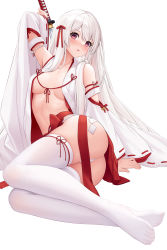 Rule 34 | 1girl, absurdres, allenes, arm support, arm up, ass, blush, breasts, breasts apart, collarbone, detached sleeves, hair between eyes, hair ribbon, head tilt, highres, holding, holding weapon, japanese clothes, katana, long hair, looking at viewer, miko, no shoes, open clothes, open mouth, original, panties, red eyes, red ribbon, ribbon, sidelocks, silver hair, simple background, small breasts, solo, sword, thighhighs, underwear, weapon, white background, white panties, white thighhighs