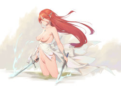 Rule 34 | 1girl, bigrbear, breasts, cleft of venus, closed mouth, dress, green eyes, hair between eyes, holding, holding sword, holding weapon, jewelry, looking away, medium breasts, necklace, nipples, original, partially submerged, red hair, solo, sword, torn clothes, torn dress, water, weapon, white dress