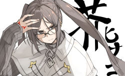 Rule 34 | 1girl, akuta hinako, bad id, bad pixiv id, black-framed eyewear, brown eyes, brown hair, capelet, closed mouth, command spell, fate/grand order, fate (series), frown, glasses, hand up, kankan33333, long hair, long sleeves, solo, twintails, white capelet