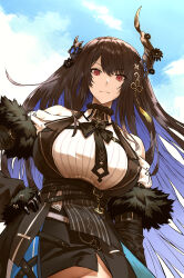 Rule 34 | 1girl, asymmetrical horns, bare shoulders, black hair, blue brooch, blue hair, breasts, clothes lift, clothing cutout, colored inner hair, crystal horns, demon horns, dress, fur trim, hair ornament, haraya manawari, highres, hololive, hololive english, horns, large breasts, long hair, looking at viewer, metal wings, mole, mole under eye, multicolored hair, necklace between breasts, nerissa ravencroft, nerissa ravencroft (1st costume), no panties, red eyes, shoulder cutout, single arm guard, smile, solo, two-tone hair, uneven horns, virtual youtuber