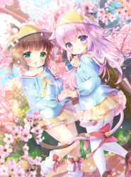 Rule 34 | 2girls, :d, animal ears, azur lane, bell, blue shirt, blurry, blurry background, blurry foreground, blush, bow, brown footwear, brown hair, cat ears, cat girl, cat tail, cherry blossoms, chromatic aberration, commentary request, day, depth of field, dutch angle, ears through headwear, fang, flower, green eyes, hair between eyes, hair ribbon, hand up, hat, highres, holding hands, interlocked fingers, jingle bell, kindergarten uniform, kisaragi (azur lane), lifebuoy, loafers, long hair, long sleeves, looking at viewer, looking to the side, loose socks, multiple girls, mutsuki (azur lane), neckerchief, open mouth, outdoors, parted lips, petals, pink flower, pink hair, pleated skirt, purple eyes, red bow, red ribbon, ribbon, sailor collar, school hat, shirt, shoes, skirt, smile, socks, sunlight, swim ring, tail, tail bell, tail bow, tail ornament, thighhighs, very long hair, white legwear, white sailor collar, yellow hat, yellow neckerchief, yellow skirt, yuyuko (yuyucocco)