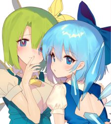 Rule 34 | 2girls, ainy, back cutout, bad id, bad twitter id, blue bow, blue dress, blue eyes, blue hair, blush, bow, breasts, cirno, clothing cutout, daiyousei, dress, fairy wings, from behind, green hair, hair bow, hand up, ice, ice wings, looking at viewer, looking back, medium breasts, multiple girls, necktie, parted lips, pinafore dress, shirt, short hair, simple background, sleeveless dress, touhou, unfinished, upper body, white background, white shirt, wings, yellow bow, yellow neckwear