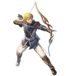 Rule 34 | 1boy, aiming, attack, black gloves, blonde hair, blue eyes, bow (weapon), drawing bow, fingerless gloves, fire emblem, fire emblem: radiant dawn, fire emblem heroes, gloves, highres, holding, holding bow (weapon), holding weapon, leonardo (fire emblem), medium hair, nintendo, non-web source, official art, quiver, solo, v-shaped eyebrows, weapon