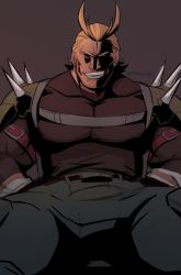 Rule 34 | 1boy, all might, alternate costume, antenna hair, bara, blonde hair, blue eyes, boku no hero academia, chest harness, covered eyes, flying, full body, hair slicked back, harness, highres, large pectorals, male focus, muscular, pants, pectorals, short hair, skin tight, smile, solo, spikes, stormcallart, thick thighs, thighs, tight clothes
