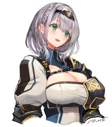 Rule 34 | 1girl, :d, armor, artist name, blue shirt, blush, braid, breasts, center opening, cleavage, commentary, green eyes, hair between eyes, highres, hololive, large breasts, mole, mole on breast, open mouth, pupps, shirogane noel, shirogane noel (1st costume), shirt, short hair, shoulder armor, signature, silver hair, simple background, smile, solo, tiara, two-tone shirt, upper body, virtual youtuber, white background, white shirt, wing collar