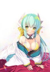 Rule 34 | 1girl, aqua hair, at-yui, bare shoulders, bikini, bikini top only, bikini under clothes, blush, bow, breasts, cleavage, detached collar, fate/grand order, fate (series), hair bow, heart, highres, horns, japanese clothes, kimono, kiyohime (fate), kiyohime (fate/grand order), kiyohime (swimsuit lancer) (fate), kiyohime (swimsuit lancer) (first ascension) (fate), long hair, looking at viewer, medium breasts, off shoulder, sitting, smile, solo, swimsuit, yellow eyes