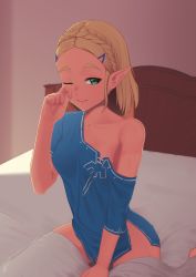 Rule 34 | 1girl, aqua eyes, bed frame, bed sheet, blanket, blonde hair, blue shirt, blush, braid, breasts, closed mouth, collarbone, cosplay, crown braid, forehead, hair ornament, hairclip, hand up, highres, link, link (cosplay), looking at viewer, nintendo, no pants, off shoulder, on bed, pointy ears, princess zelda, putcher, shirt, short hair, short sleeves, single bare shoulder, sitting, small breasts, solo, the legend of zelda, the legend of zelda: breath of the wild, the legend of zelda: tears of the kingdom, thick eyebrows, wariza, wiping face