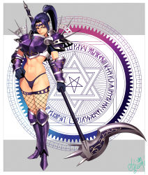 Rule 34 | 1girl, abs, armor, armored boots, bikini, bikini armor, bikini bottom only, black gloves, blue hair, boobplate, boots, border, breastplate, closed mouth, commentary request, fishnet thighhighs, fishnets, forehead protector, full body, gloves, grey background, groin, hexagram, high ponytail, highres, holding, holding scythe, holding weapon, legs together, long hair, looking at viewer, mole, mole under mouth, ogami, original, pauldrons, pointy ears, ponytail, purple armor, purple bikini, purple eyes, purple footwear, scythe, short sleeves, shoulder armor, sidelocks, signature, smile, solo, spikes, standing, star of david, swimsuit, thighhighs, tsurime, v-shaped eyebrows, v-shaped eyes, vambraces, weapon, white background, white border